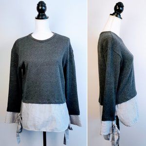 ZARA TRAFALUC Top, Dark Gray Blue Striped Long Sleeve Bow Boho Casual, S